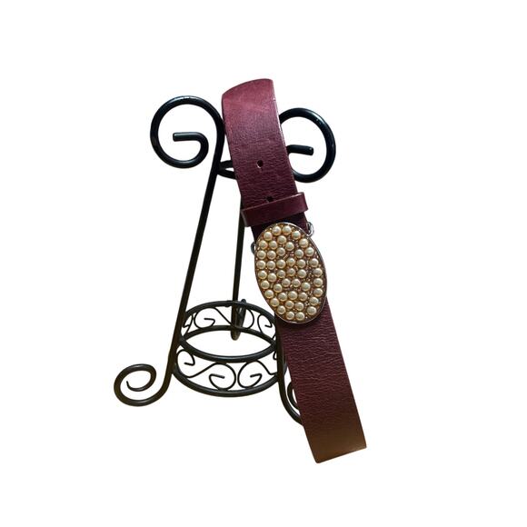 Streets Ahead Maroon Leather  Belt Gold Pearl Buckle Made in USA Size Large - Picture 4 of 9